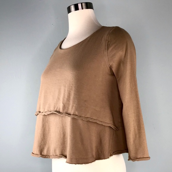 Free People Brown Crop Top Size XS Blouse 3/4 Sleeves Raw Edge Sustainable Boho - Picture 5 of 8